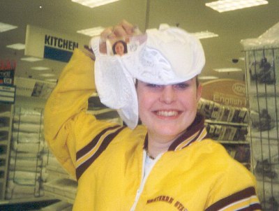 Robin modeling a fabulous bra that we bought as a gift which happens to be big enough to be a hat